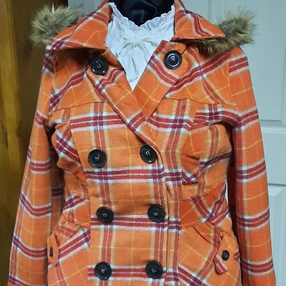 Ladies Dollhouse, Orange Plaid Coat, size Medium,